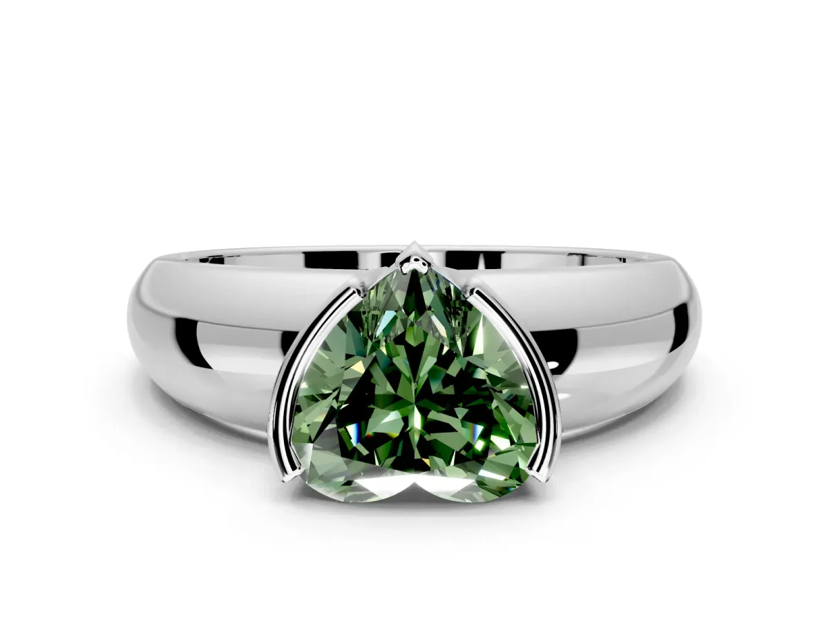 Tension Engagement Ring Setting for Fancy Green Heart-Shaped Center with Wide Flat Band and Tension Head in Platinum