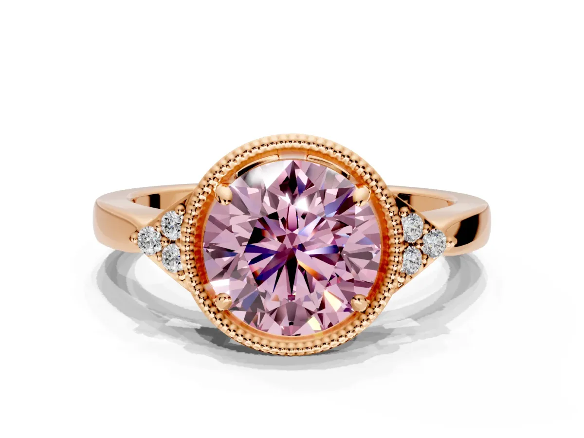 Cluster Engagement Ring Setting for Fancy Pink Round Cut Center with Milgrain Shoulder Clusters and Prong Head in Rose Gold