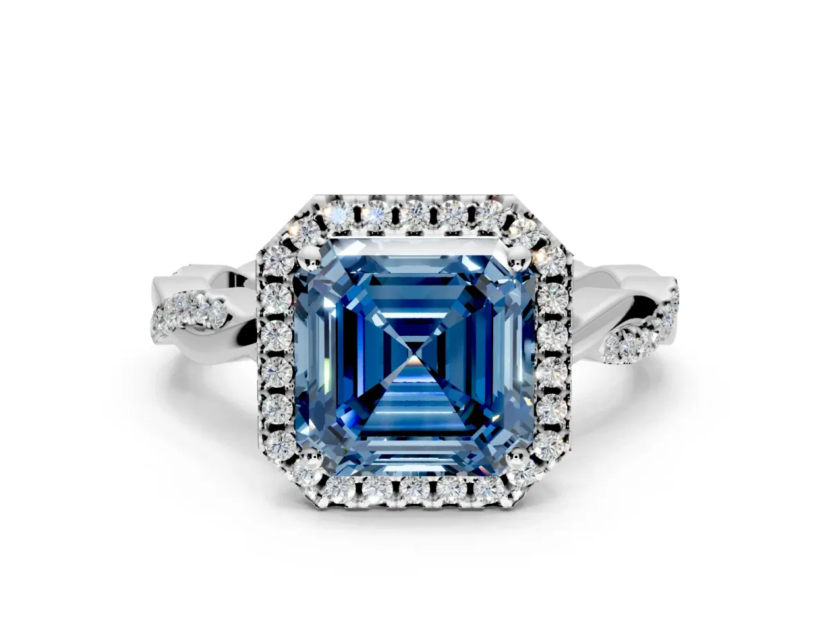 Halo Engagement Ring Setting for Fancy Blue Asscher Cut Center with Pave and Plain Twist Band and Prong Head in White Gold