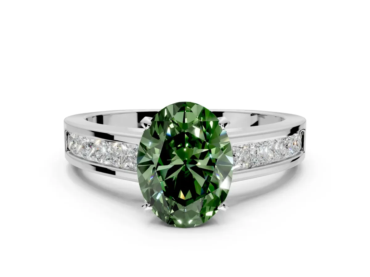 Solitaire Engagement Ring Setting for Fancy Green Oval Center with Princess Cut Channel Band and Prong Head in White Gold