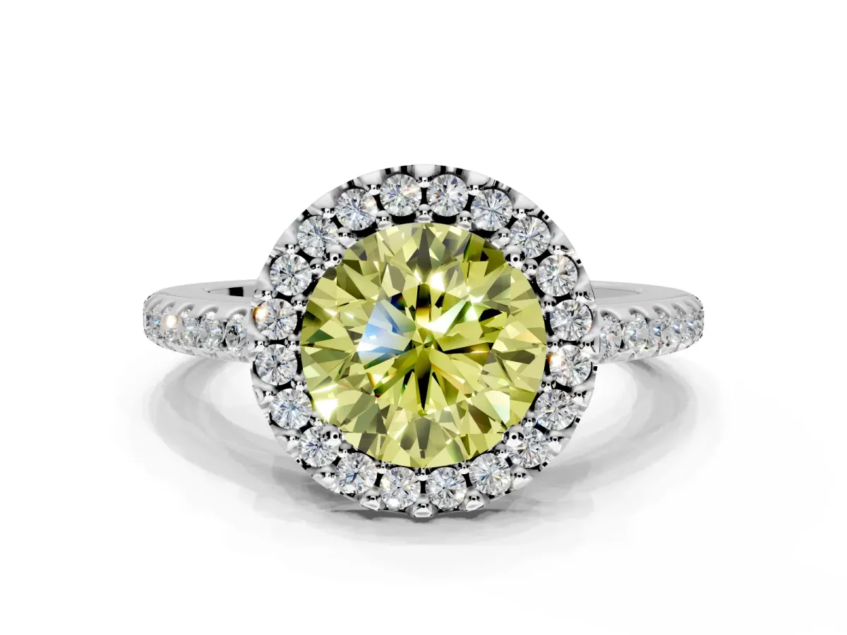 Pave Halo Engagement Ring Setting for Fancy Yellow Round Cut Center with Single Row Pave Band and Prong Head in Platinum