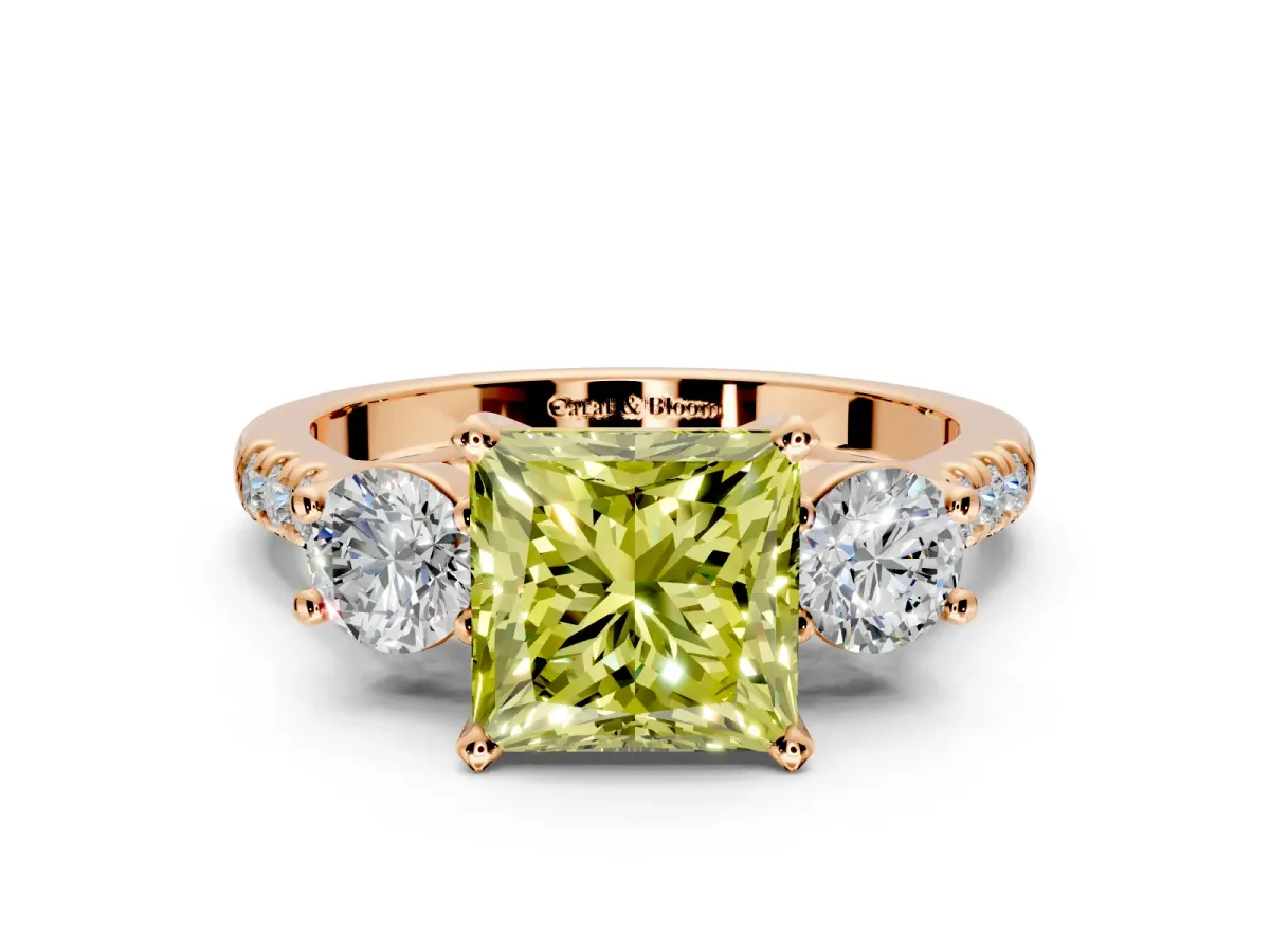 3 Stone Engagement Ring Setting for Fancy Yellow Princess Cut Center with Crossover Basket, Pave Band and Prong Head in Rose Gold
