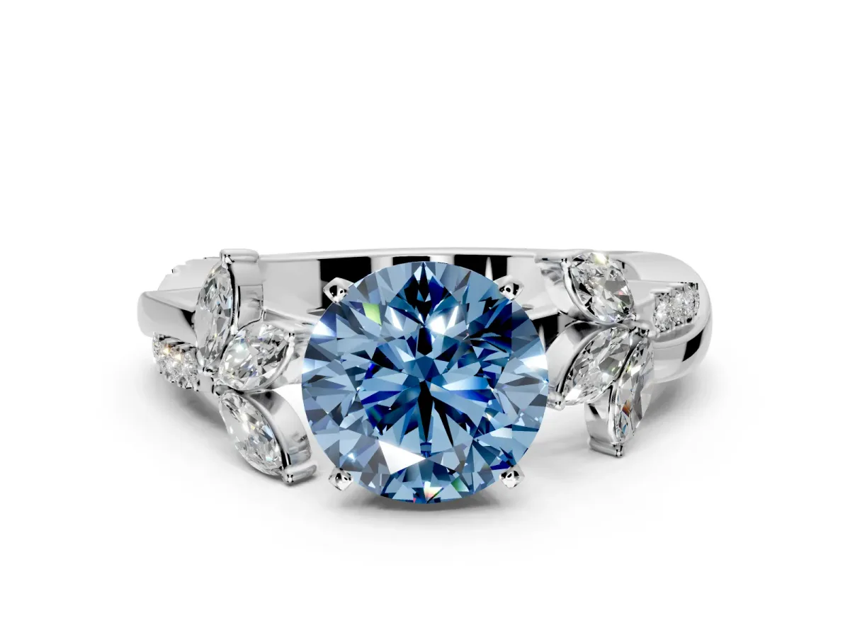 Floral Engagement Ring Setting for Fancy Blue Round Cut Center with Trailing Marquise Accents and Prong Head in Sterling Silver