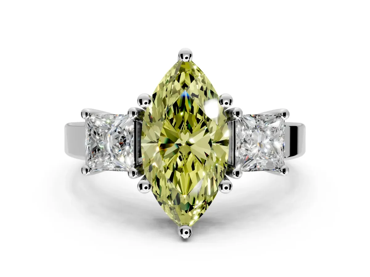 3 Stone Engagement Ring Setting for Fancy Yellow Marquise Center with Matching Side Accents and Prong Head in Platinum
