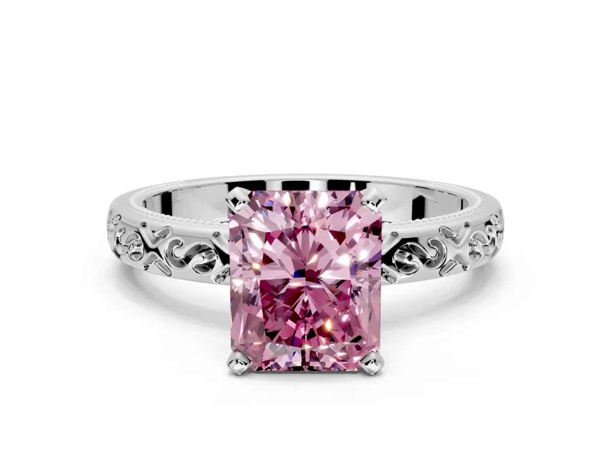 Solitaire Engagement Ring Setting for Fancy Pink Radiant Cut Center with Scrollwork Band and Prong Head in Platinum