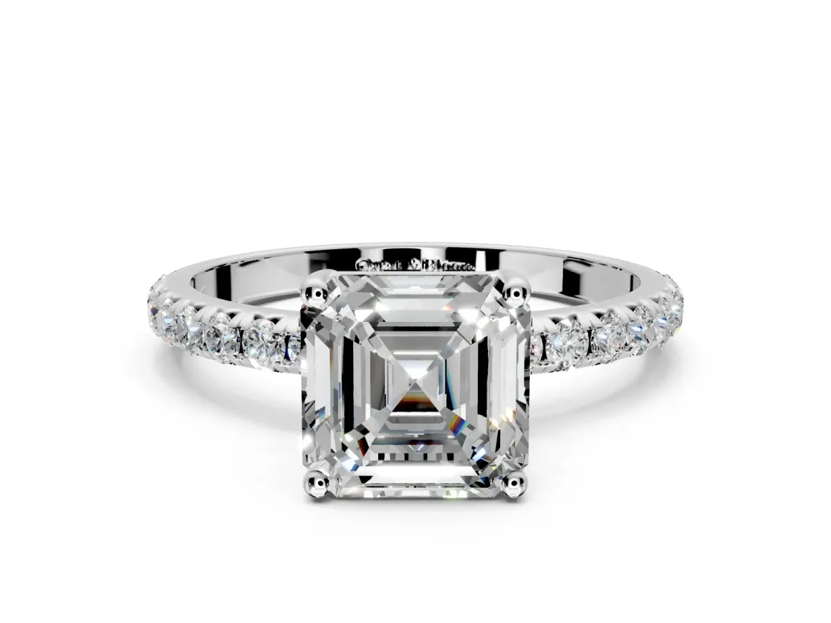 Solitaire Engagement Ring Setting for Asscher Cut Center with Micro Pave Band and Prong Head in Platinum