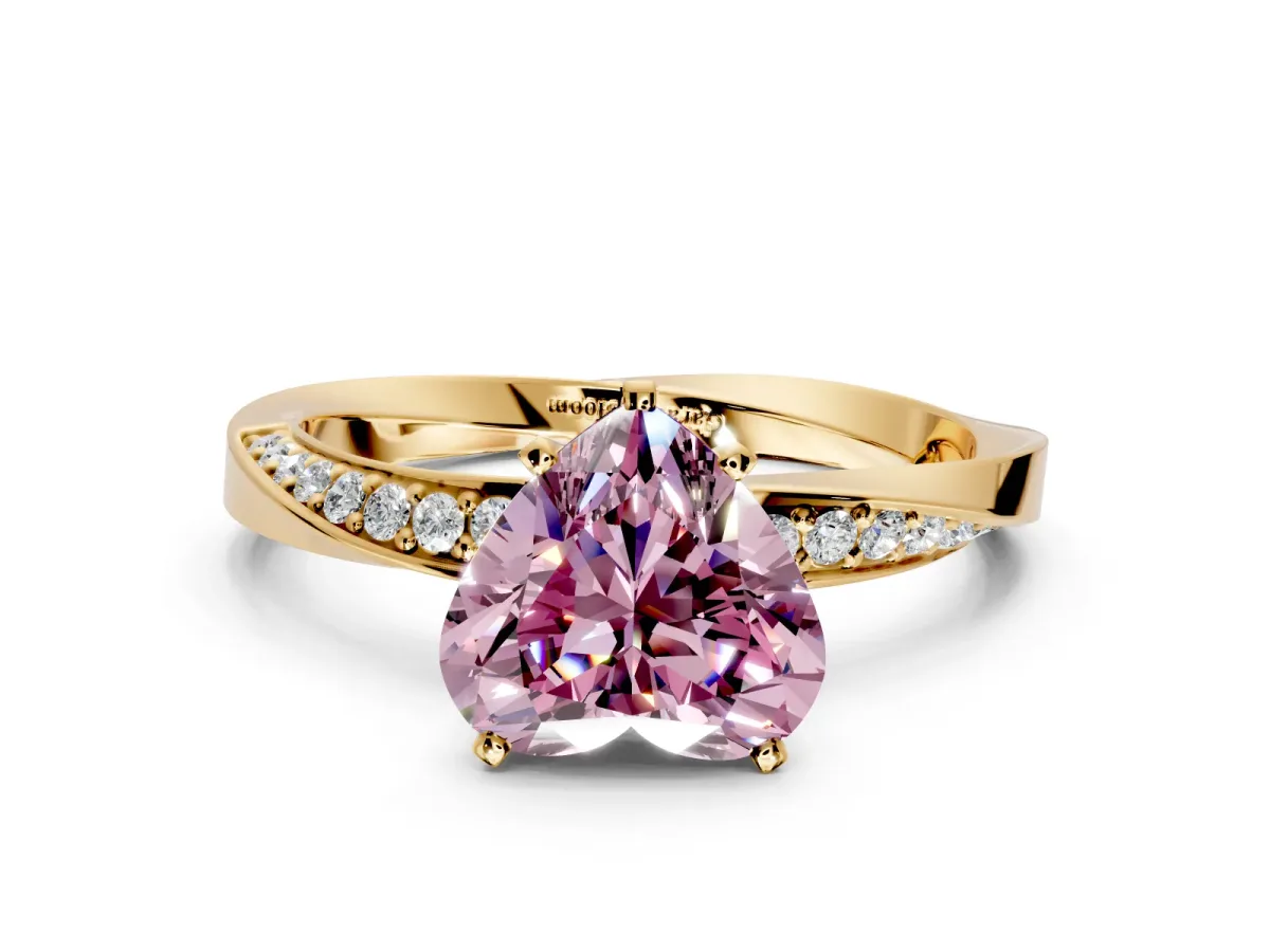 Side Accent Engagement Ring Setting for Fancy Pink Heart-Shaped Center with Accent Shoulders and Prong Head in Yellow Gold