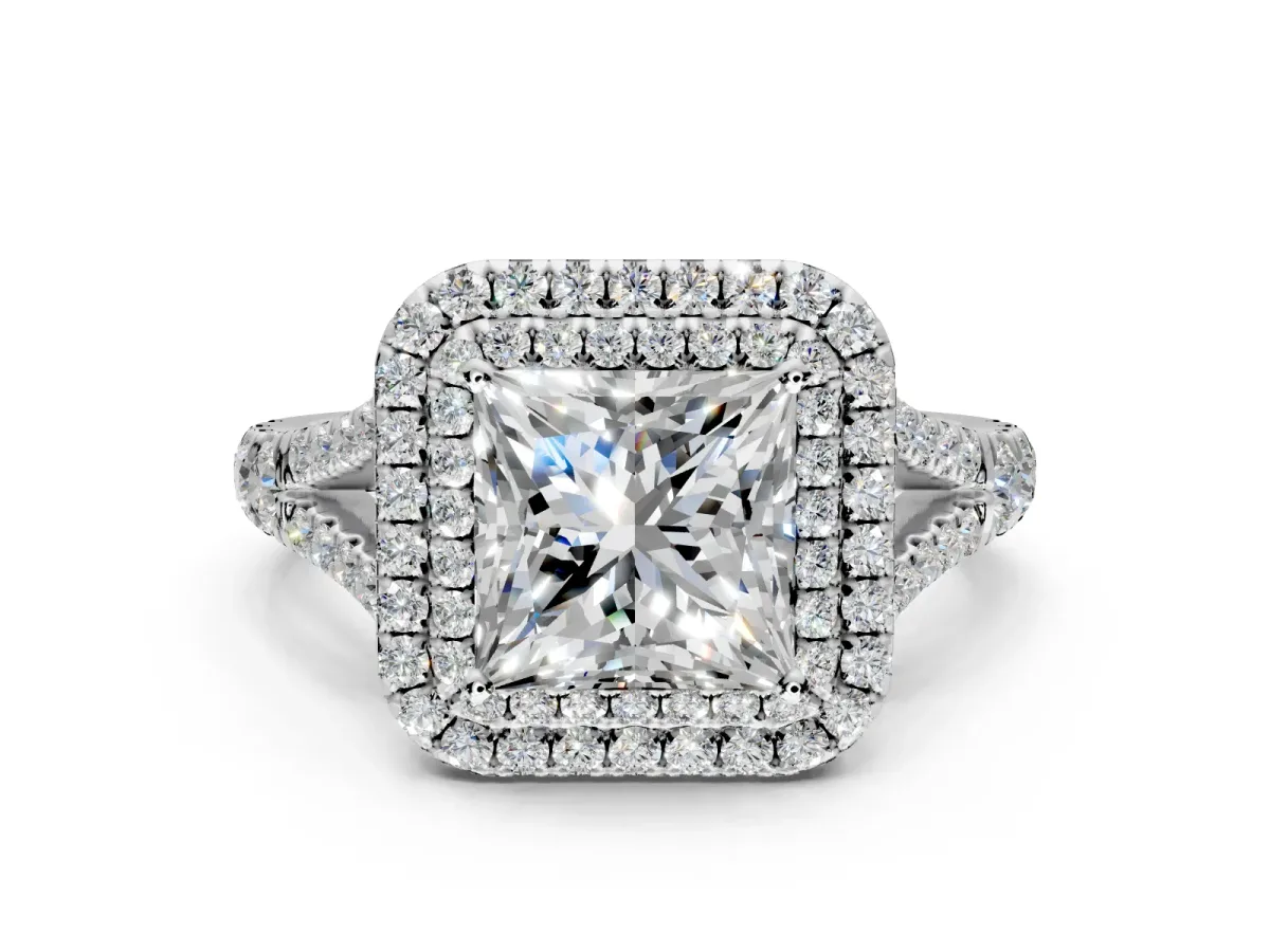 Double Halo Engagement Ring Setting for Princess Cut Center with Narrow Pave Split Shank and Prong Head in Platinum