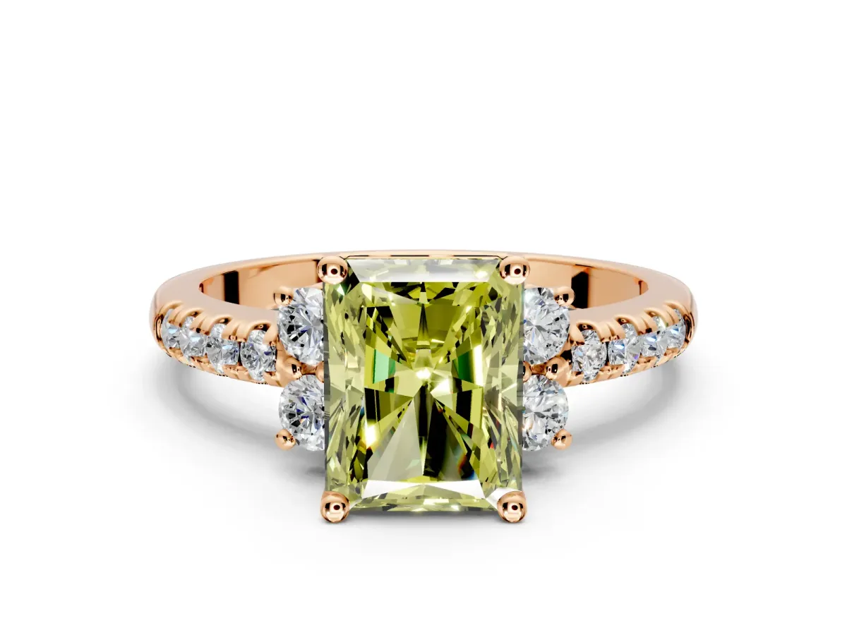 Paired Accent Engagement Ring Setting for Fancy Yellow Radiant Cut Center with Pave Band and Prong Head in Rose Gold