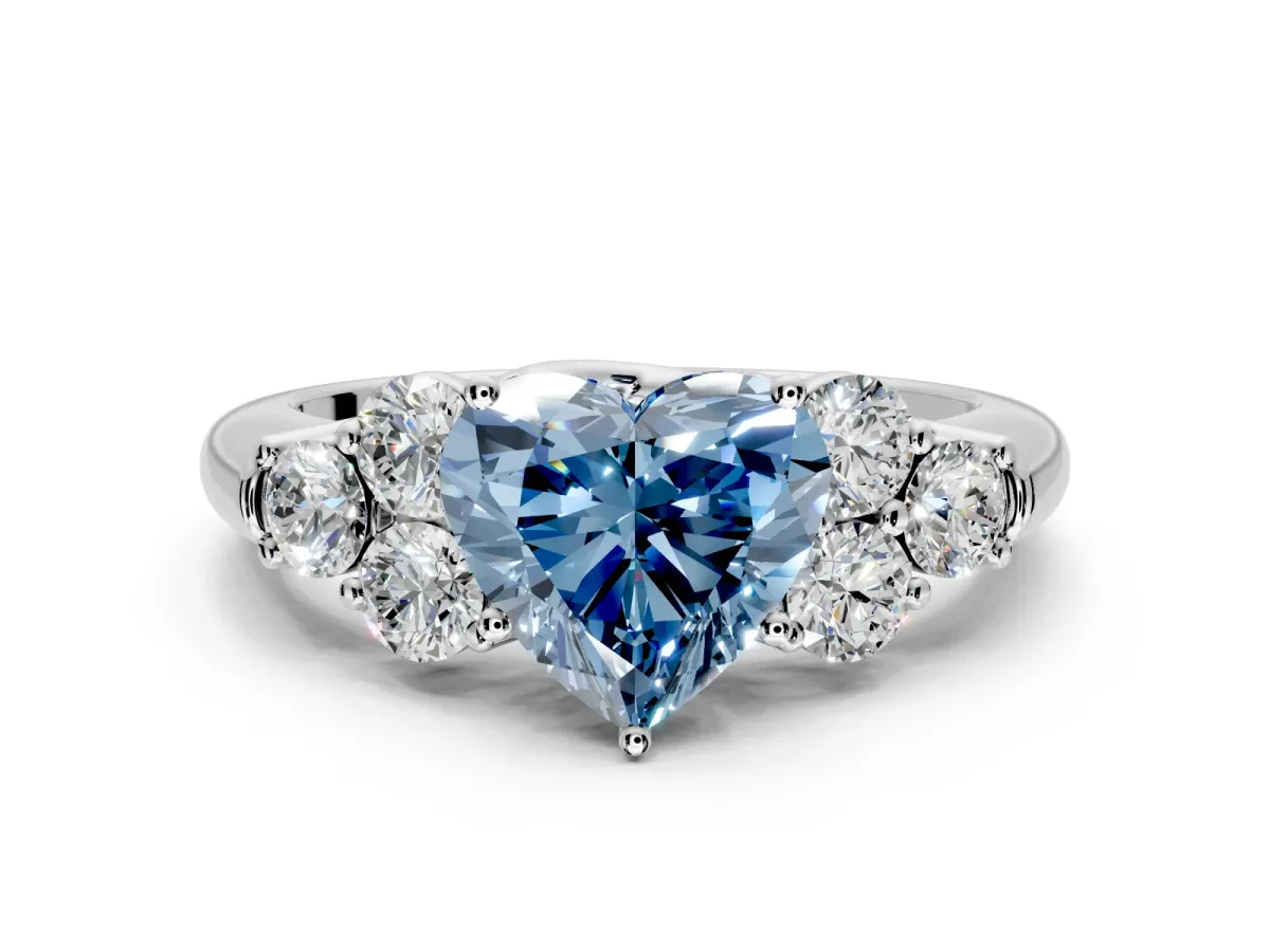 Cluster Engagement Ring Setting for Fancy Blue Heart-Shaped Center with Round Cut Accent Frame and Prong Head in Sterling Silver