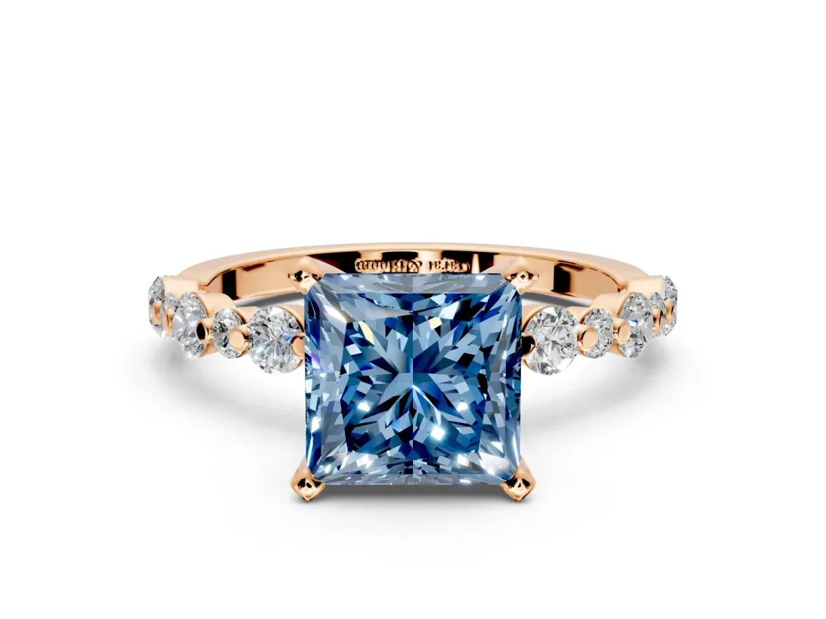 Solitaire Engagement Ring Setting for Fancy Blue Princess Cut Center with Alternating Size Accents and Prong Head in Rose Gold