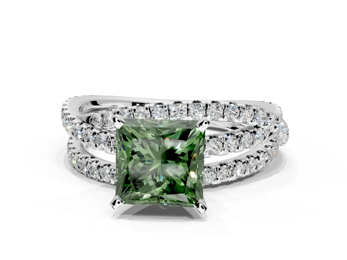 Solitaire Engagement Ring Setting for Fancy Green Princess Cut Center with Woven 3-Strand Pave Band and Prong Head in White Gold