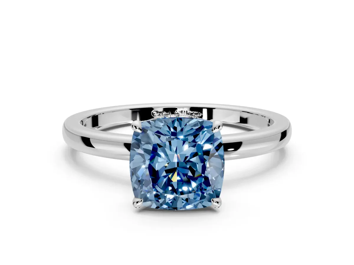 Hidden Halo Engagement Ring Setting for Fancy Blue Cushion Cut Center with Plain Band and Tall Prong Head in Platinum