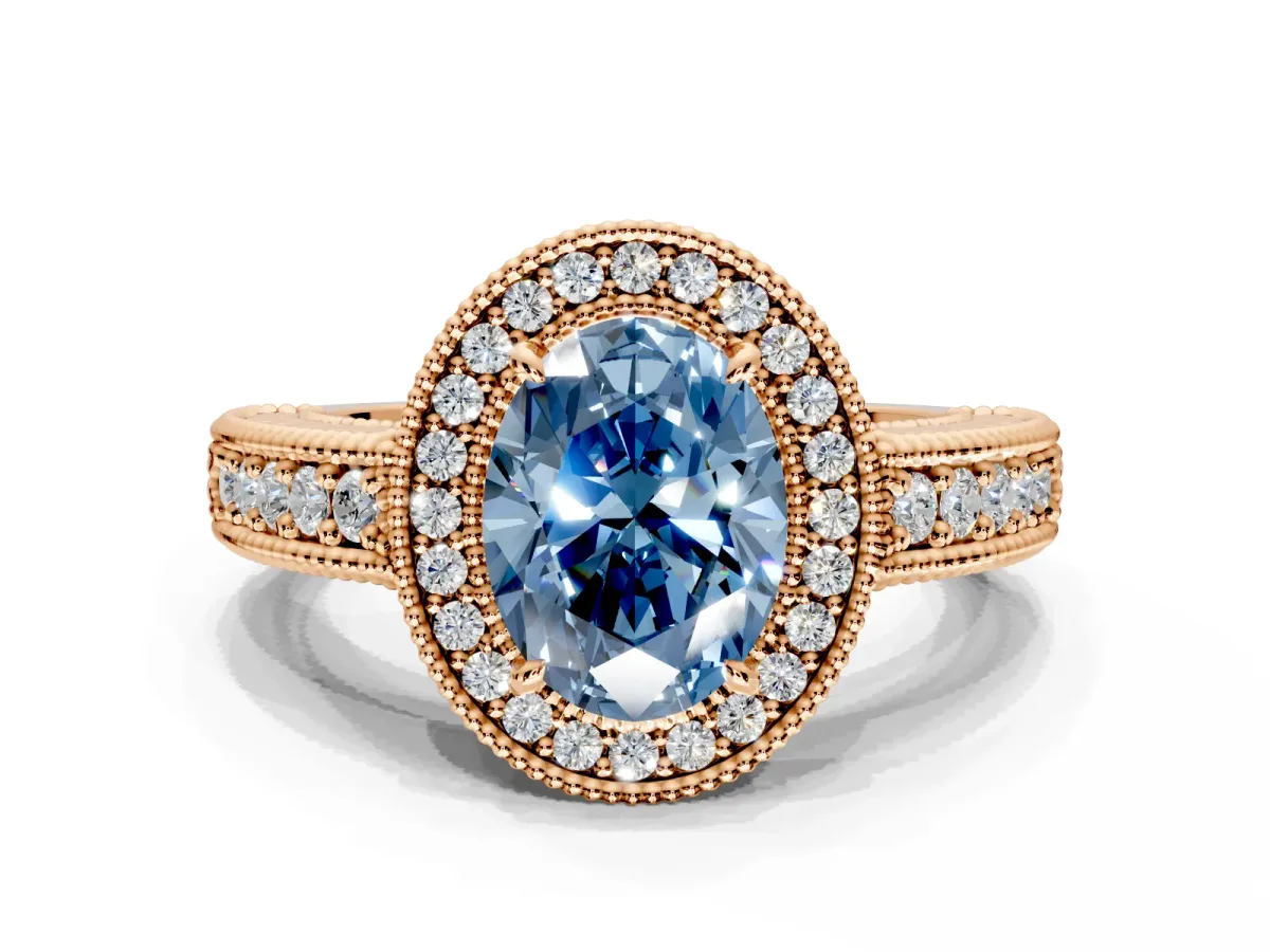 Milgrain Halo Engagement Ring Setting for Fancy Blue Oval Center with Pave Band and Prong Head in Rose Gold