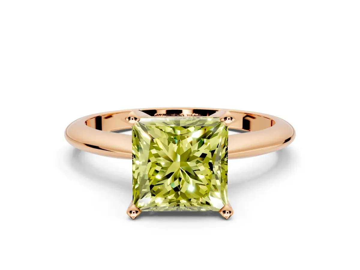 Solitaire Engagement Ring Setting for Fancy Yellow Princess Cut Center with Knife Ridge Band and Claw Prong Head in Rose Gold