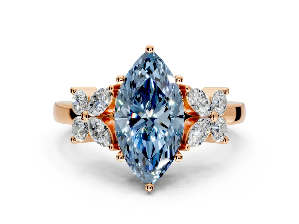 Floral Engagement Ring Setting for Fancy Blue Marquise Center with Marquise Cluster Shoulders and Prong Head in Rose Gold