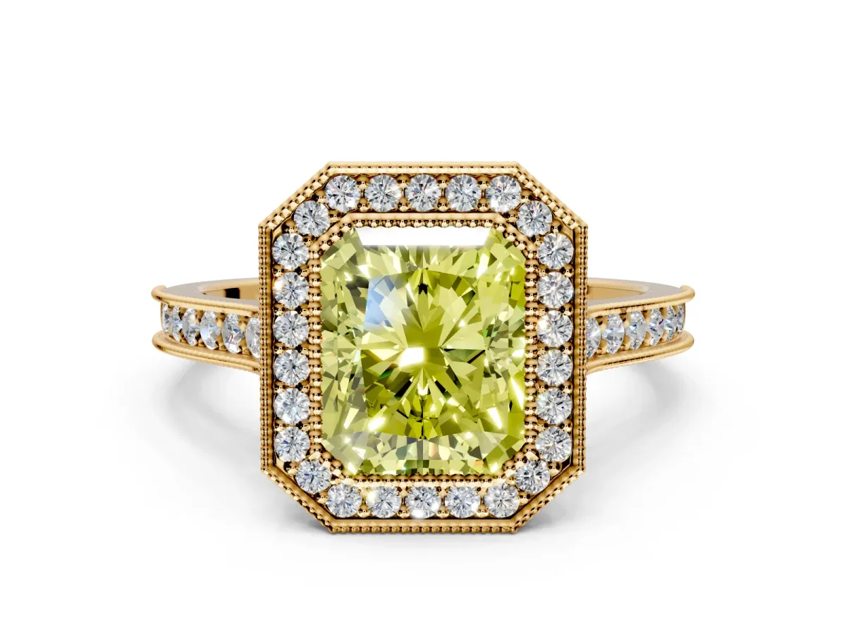 Halo Engagement Ring Setting for Fancy Yellow Radiant Cut Center with Milgrain Pave Band and Bezel Head in Yellow Gold