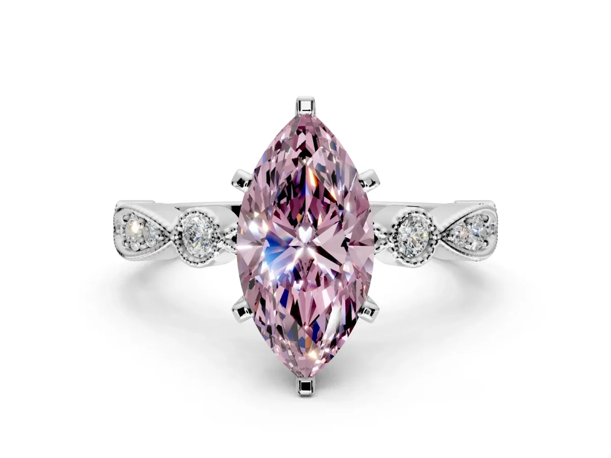 Solitaire Engagement Ring Setting for Fancy Pink Marquise Center with Milgrain Bezel Accents and Prong Head in Platinum