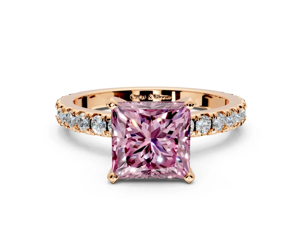 Solitaire Engagement Ring Setting for Fancy Pink Princess Cut Center with Fine Pave Band and Claw Prong Head in Rose Gold