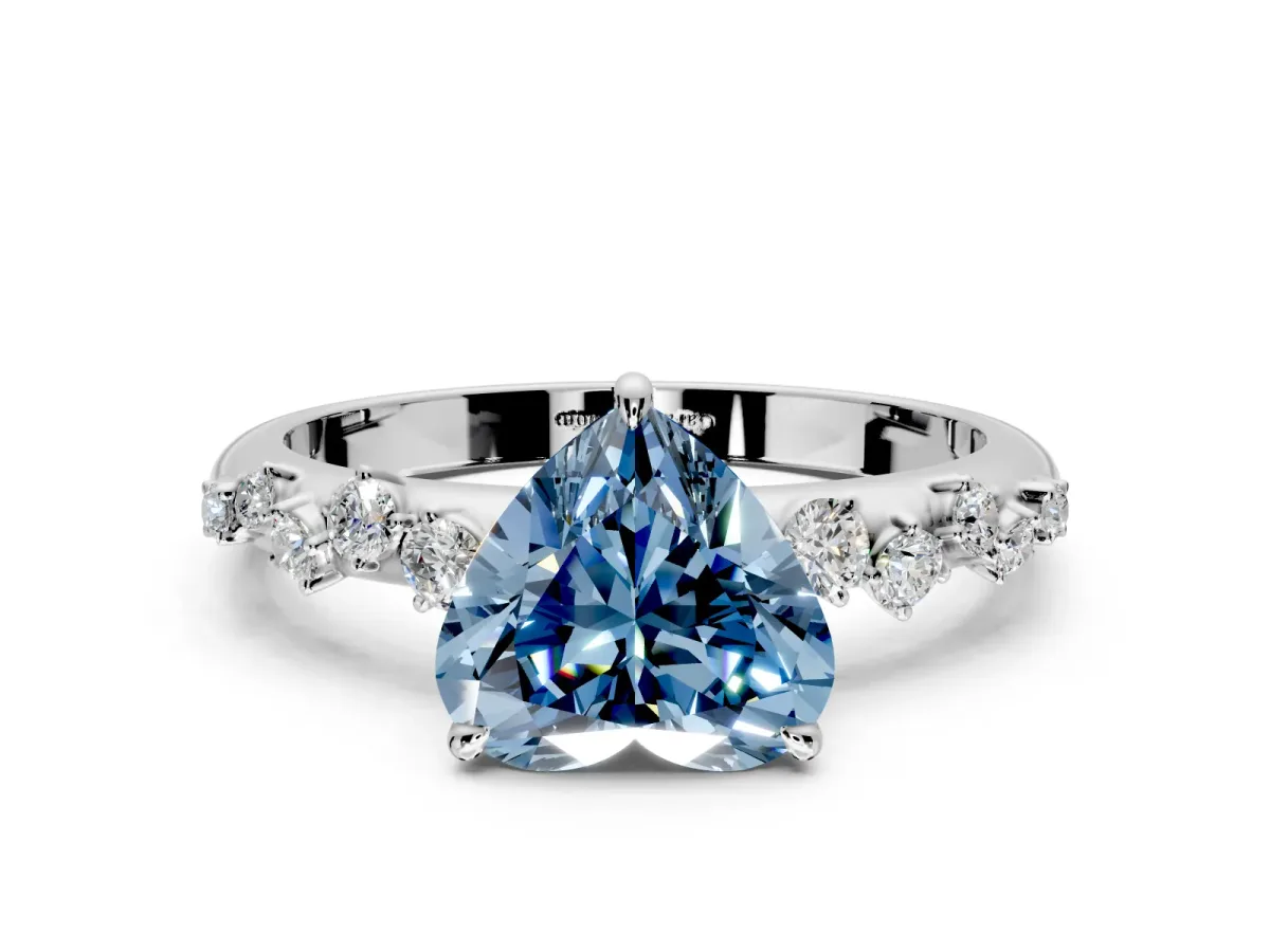 Cluster Engagement Ring Setting for Fancy Blue Heart-Shaped Center with Round Cut Accent Band and Prong Head in Platinum