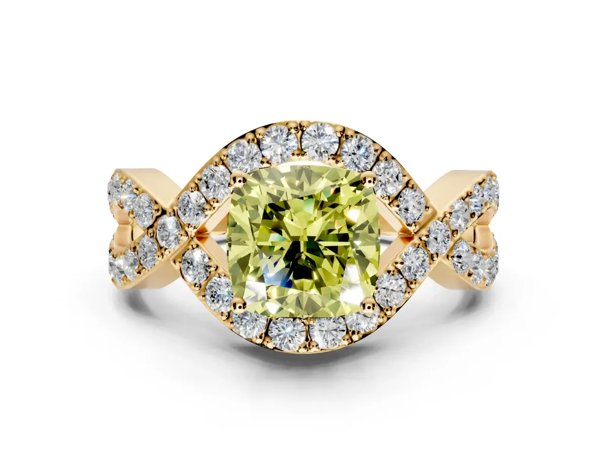 Halo Engagement Ring Setting for Fancy Yellow Cushion Cut Center with Pave Infinity Twist Band and Prong Head in Yellow Gold
