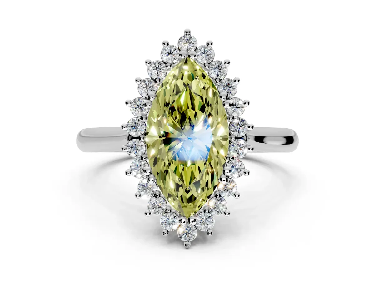 Starburst Halo Engagement Ring Setting for Fancy Yellow Marquise Center with Thin Round-Wire Band and Prong Head in Sterling Silver