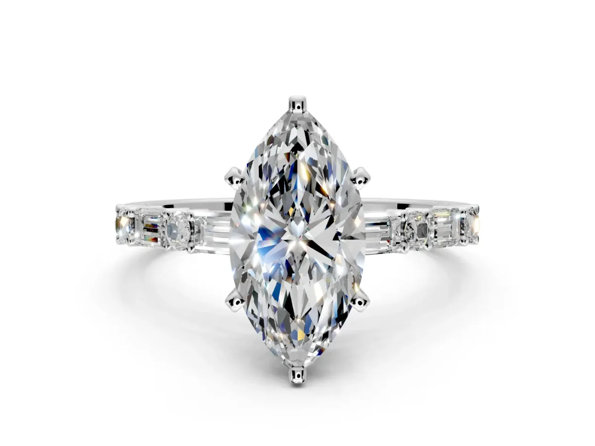 Baguette Engagement Ring Setting for Marquise Center with Alternating Bar-Set Band and Prong Head in White Gold