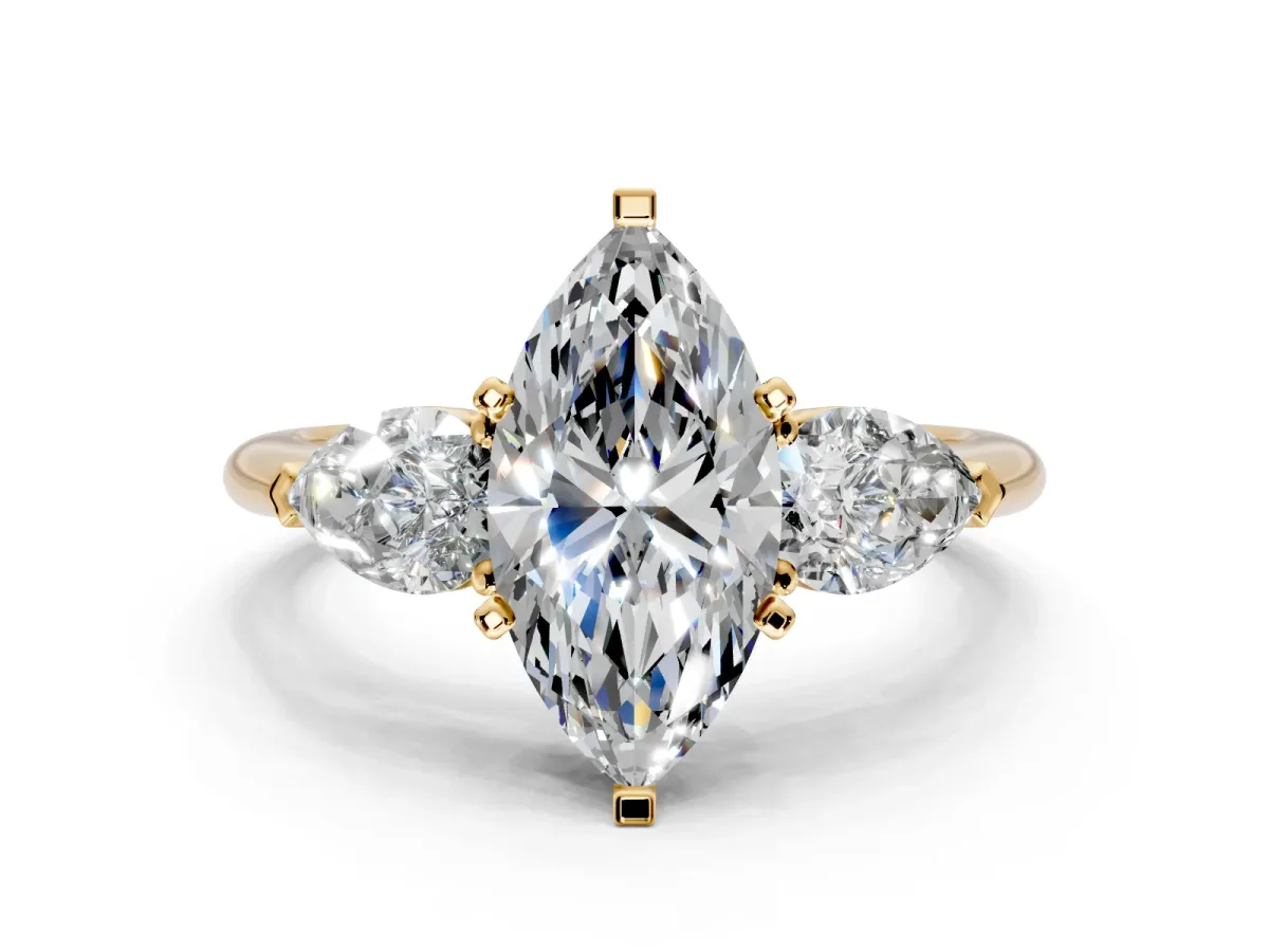 3 Stone Engagement Ring Setting for Marquise Center with Large Pear-Shaped Accents and Prong Head in Yellow Gold