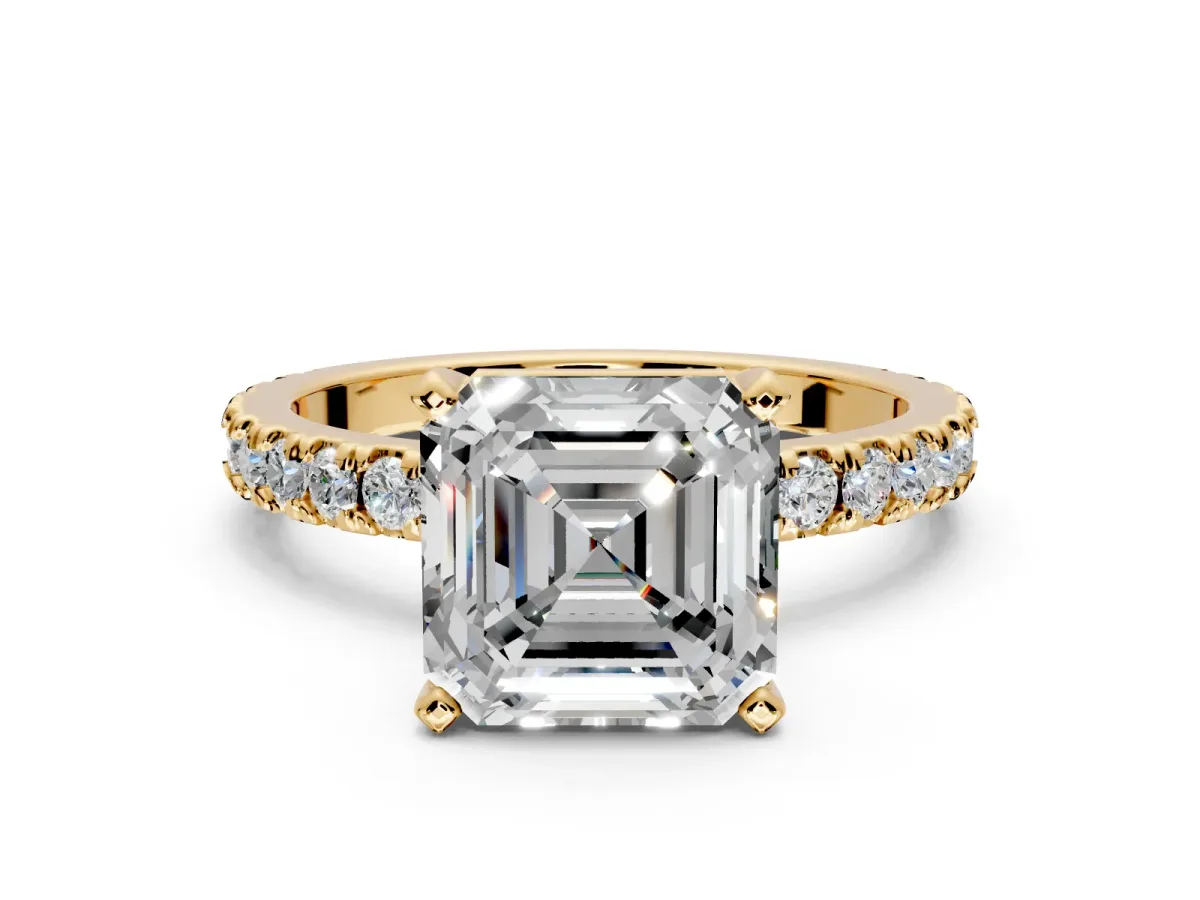Solitaire Engagement Ring Setting for Asscher Cut Center with Fine Pave Band and Claw Prong Head in Yellow Gold