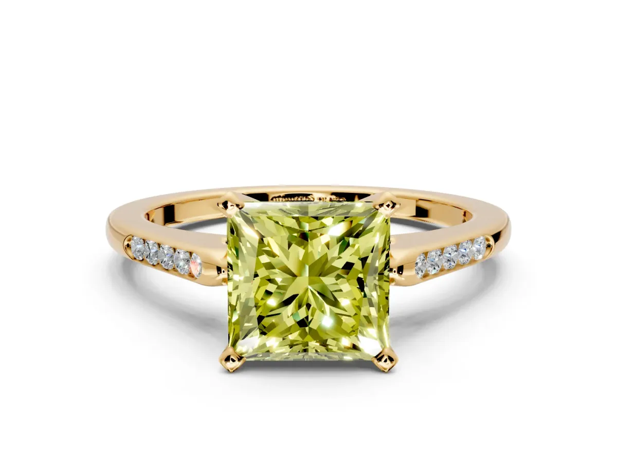 Solitaire Engagement Ring Setting for Fancy Yellow Princess Cut Center with Channel Accents and Prong Head in Yellow Gold
