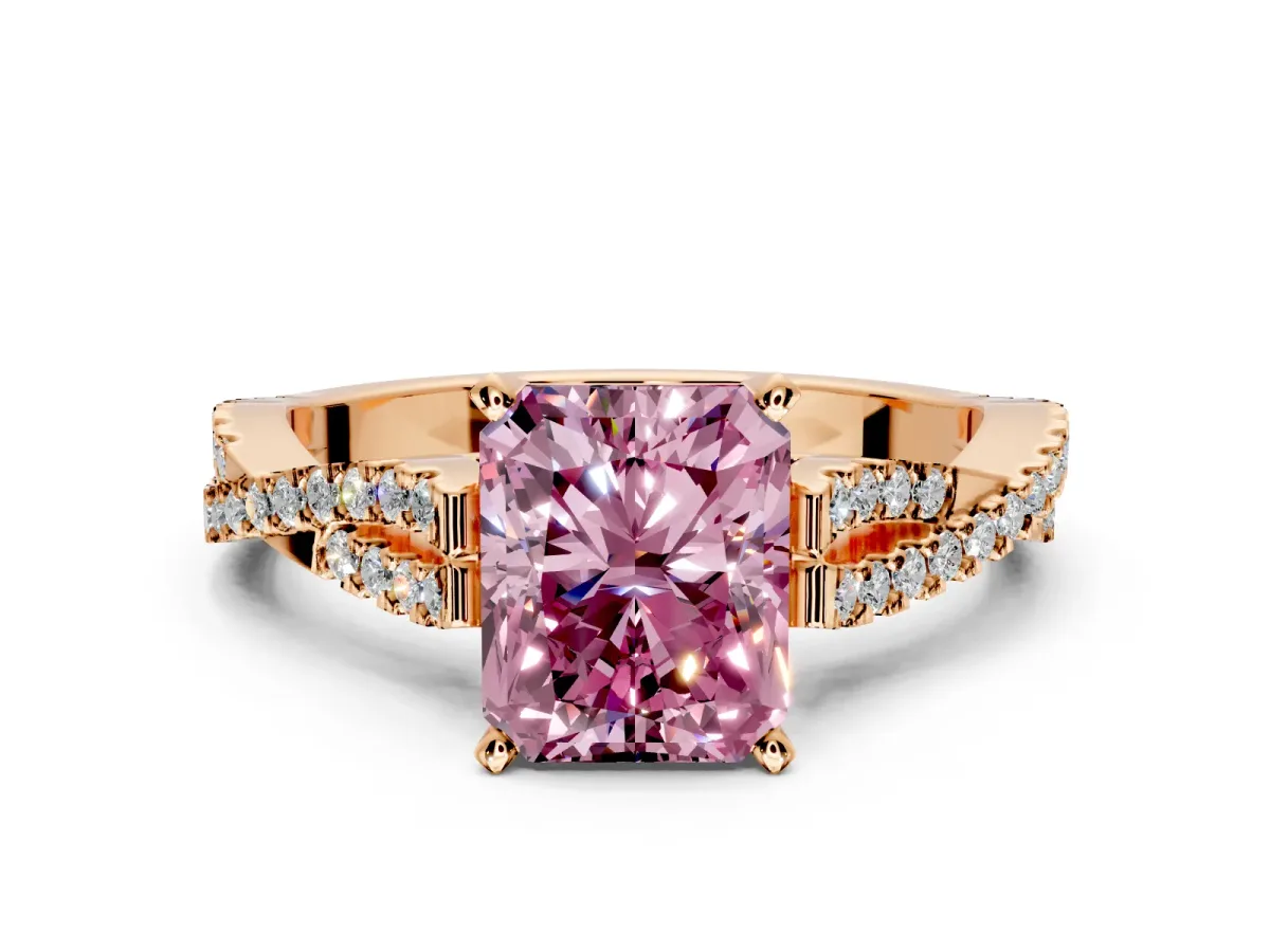 Solitaire Engagement Ring Setting for Fancy Pink Radiant Cut Center with Twisted Pave Split Shank and Prong Head in Rose Gold