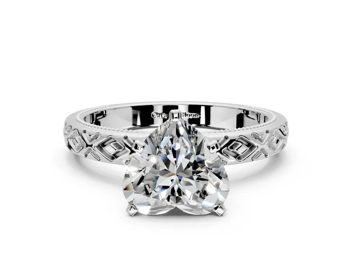 Solitaire Engagement Ring Setting for Heart-Shaped Center with Milgrain X Pattern Band and Prong Head in Sterling Silver