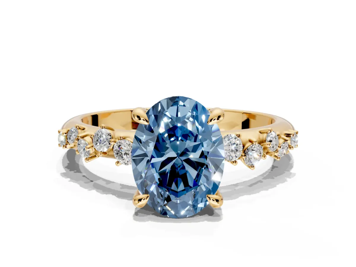 Solitaire Engagement Ring Setting for Fancy Blue Oval Center with Trailing Leaf Accent Band and Prong Head in Yellow Gold