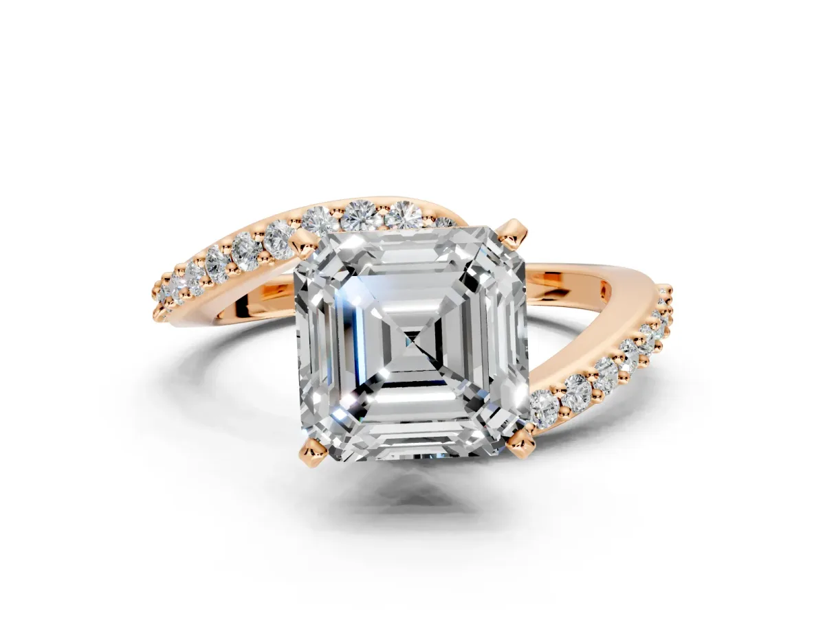 Solitaire Engagement Ring Setting for Asscher Cut Center with Pave Bypass Swirl Band and Prong Head in Rose Gold