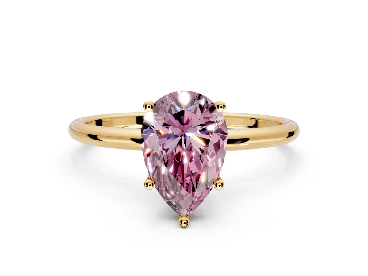 Solitaire Engagement Ring Setting for Fancy Pink Pear-Shaped Center with Straight Thin Band and Prong Head in Yellow Gold