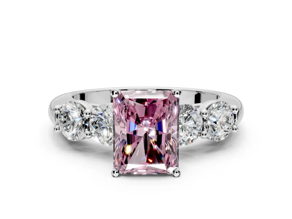 5 Stone Engagement Ring Setting for Fancy Pink Radiant Cut Center with Graduated Accents and Prong Head in Sterling Silver