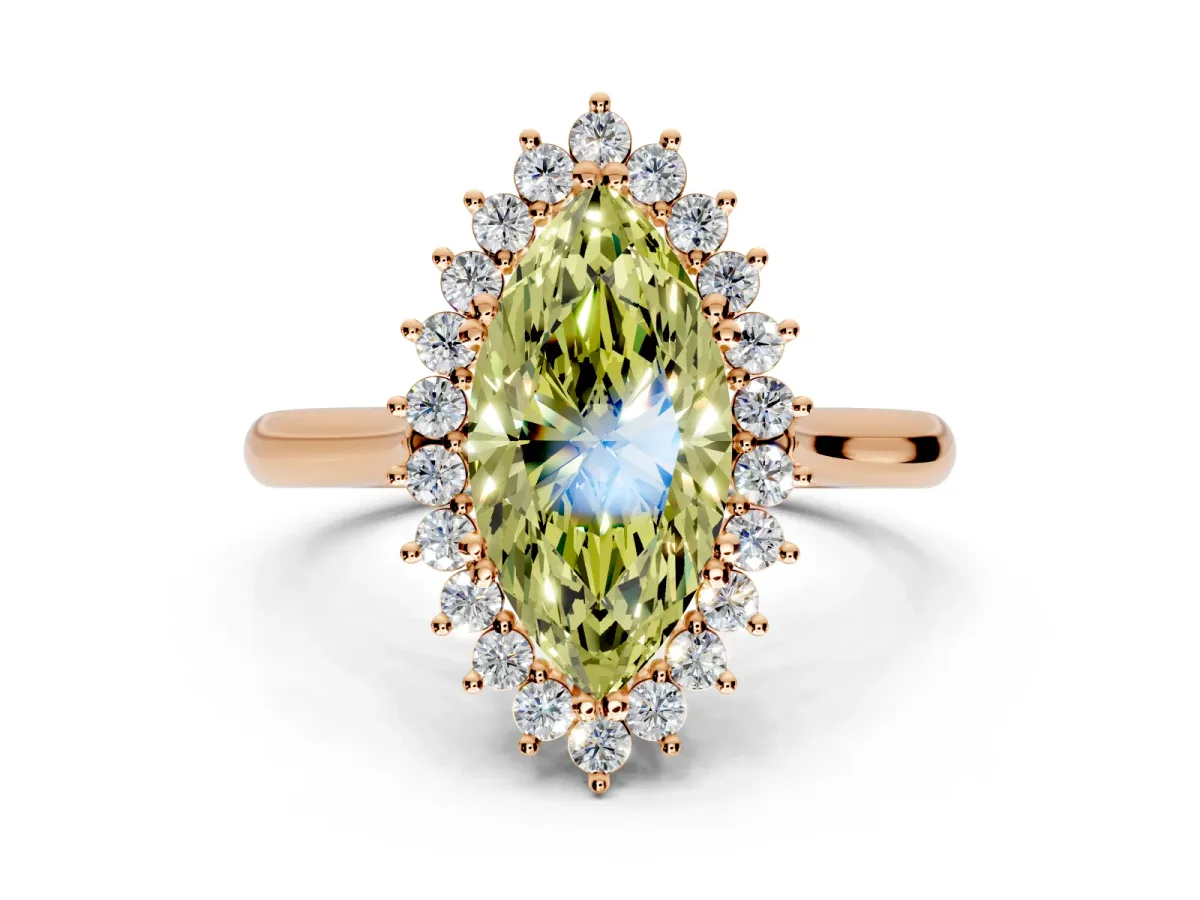 Starburst Halo Engagement Ring Setting for Fancy Yellow Marquise Center with Thin Round-Wire Band and Prong Head in Rose Gold
