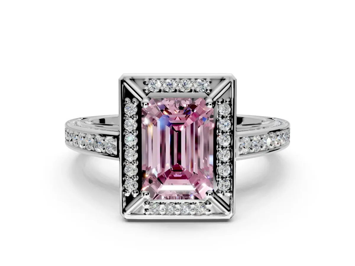 Halo Engagement Ring Setting for Fancy Pink Emerald Cut Center with Framed Halo, Pave Band and Prong Head in Platinum