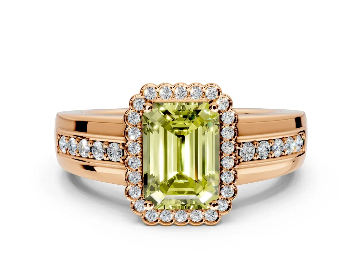 Halo Engagement Ring Setting for Fancy Yellow Emerald Cut Center with Wide Band, Inlaid Accent Row and Prong Head in Rose Gold
