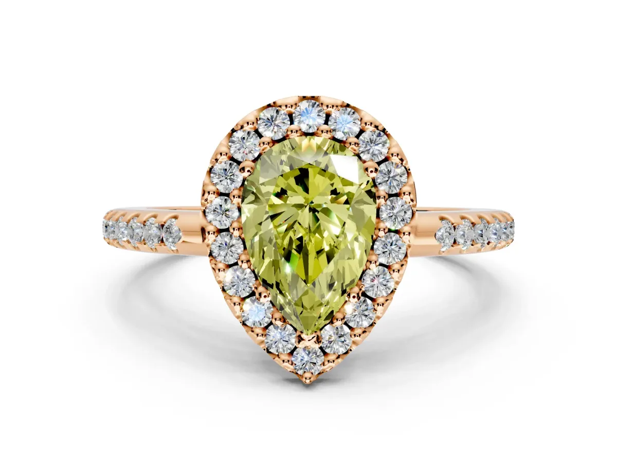 Pave Halo Engagement Ring Setting for Fancy Yellow Pear-Shaped Center with Single Row Pave Band and Prong Head in Rose Gold