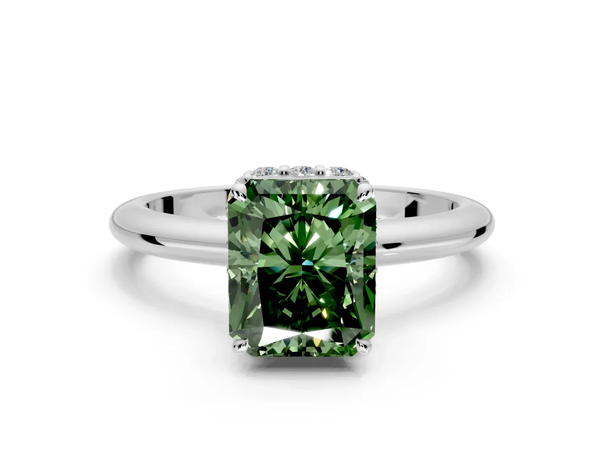 Hidden Halo Engagement Ring Setting for Fancy Green Radiant Cut Center with Plain Rounded Band and Prong Head in White Gold