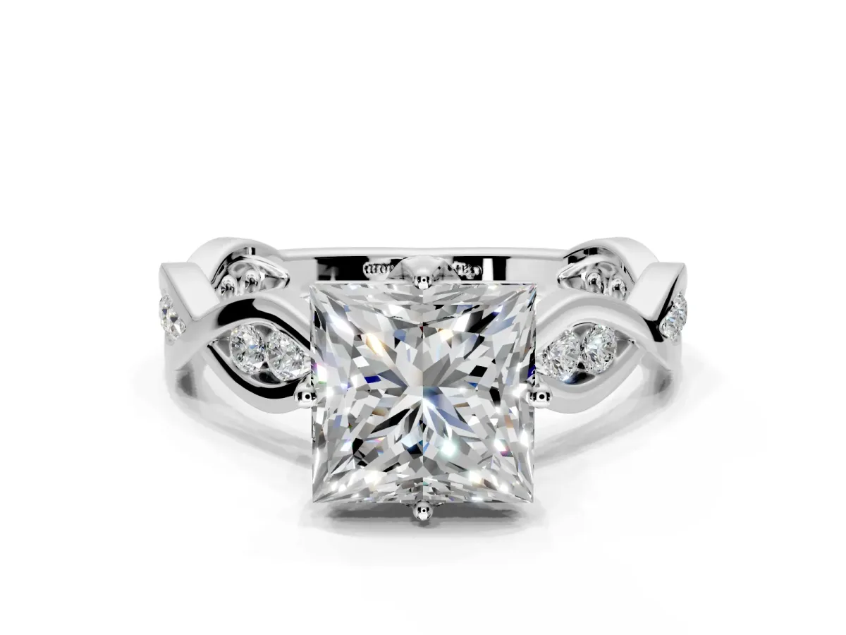 Solitaire Engagement Ring Setting for Princess Cut Center with Accented Twist Band and Leaf Prong Head in Sterling Silver