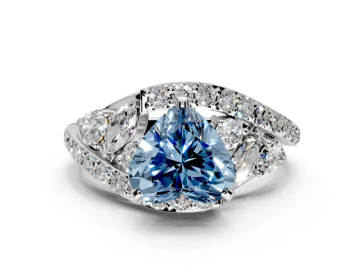 Halo Engagement Ring Setting for Fancy Blue Heart-Shaped Center with Marquise and Pave Bypass Band and Prong Head in Sterling Silver