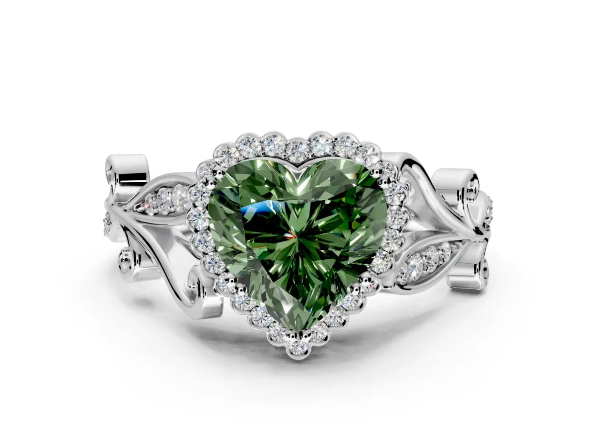 Halo Engagement Ring Setting for Fancy Green Heart-Shaped Center with Leaf Motif Split Shank and Prong Head in Sterling Silver