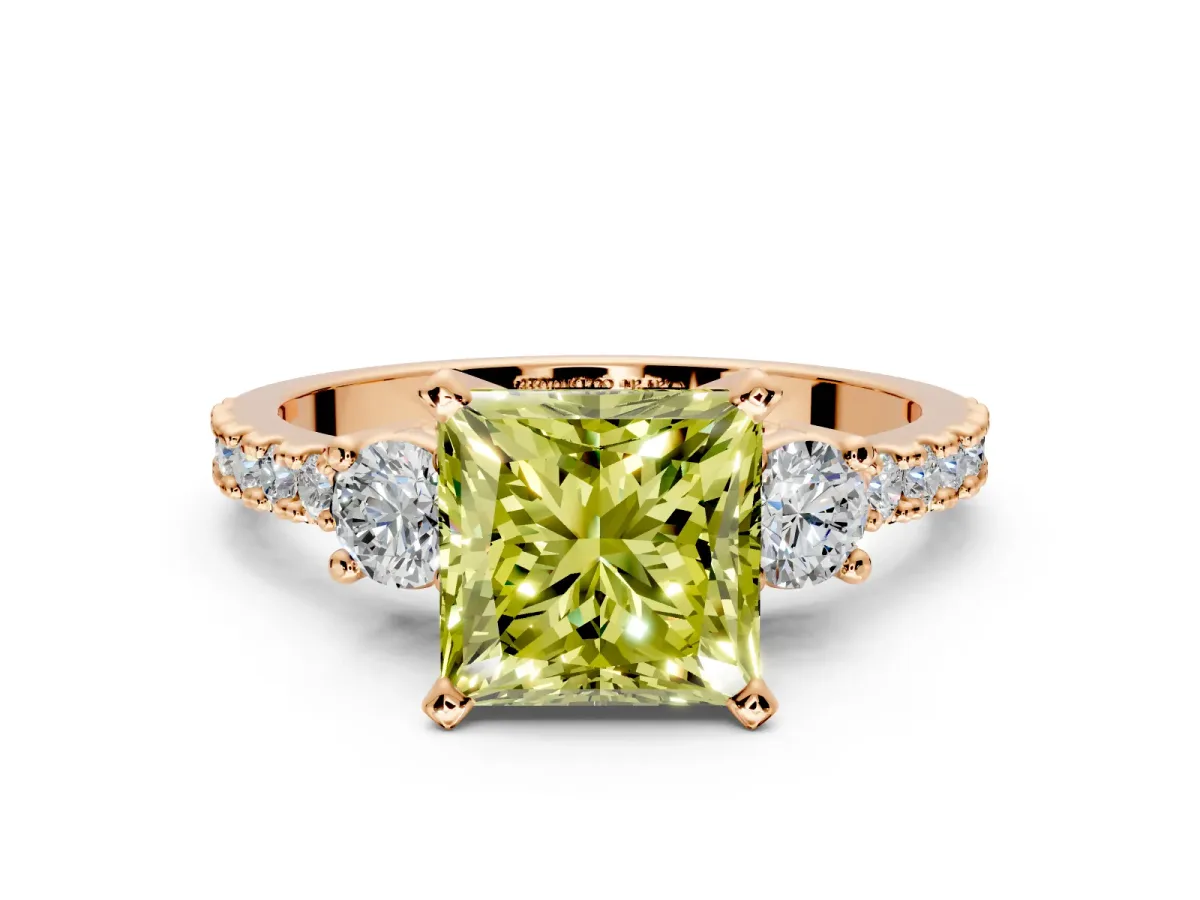 3 Stone Engagement Ring Setting for Fancy Yellow Princess Cut Center with Round Cut Side Accents and Prong Head in Rose Gold