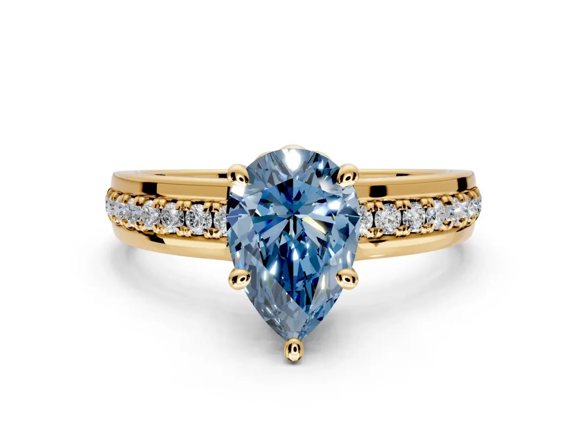 Solitaire Engagement Ring Setting for Fancy Blue Pear-Shaped Center with Raised Channel Band and Prong Head in Yellow Gold
