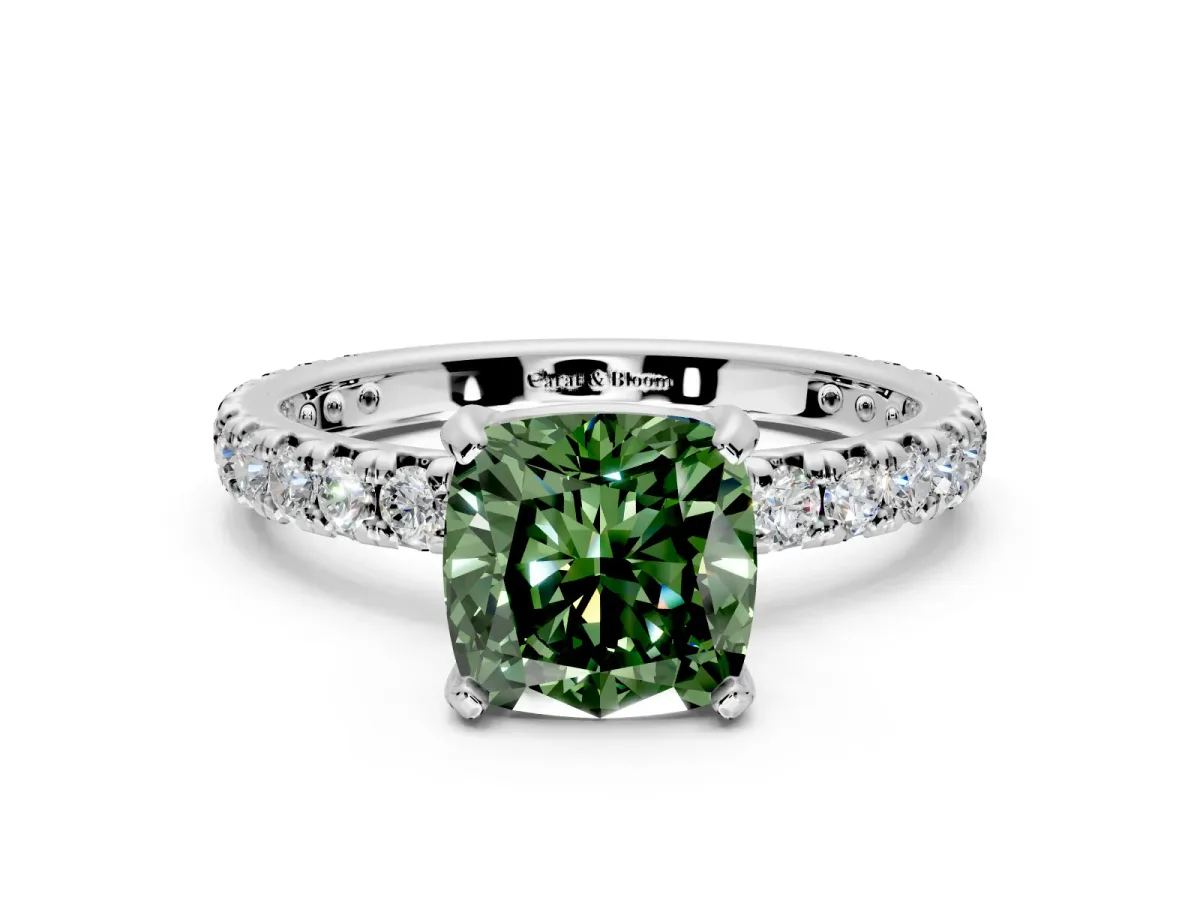 Solitaire Engagement Ring Setting for Fancy Green Cushion Cut Center with Shared-Prong Accents and Prong Head in Sterling Silver