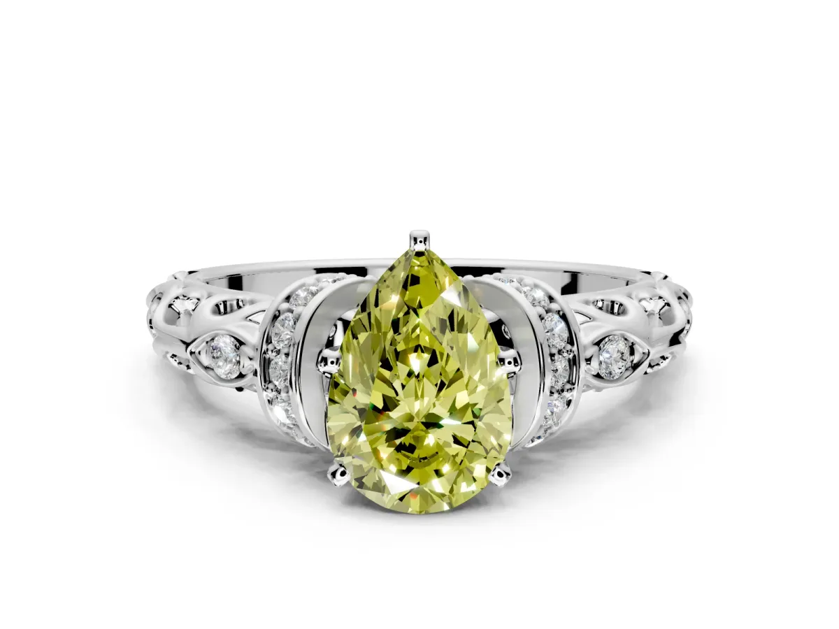 Solitaire Engagement Ring Setting for Fancy Yellow Pear-Shaped Center with Filigree Band and Prong Head in Platinum