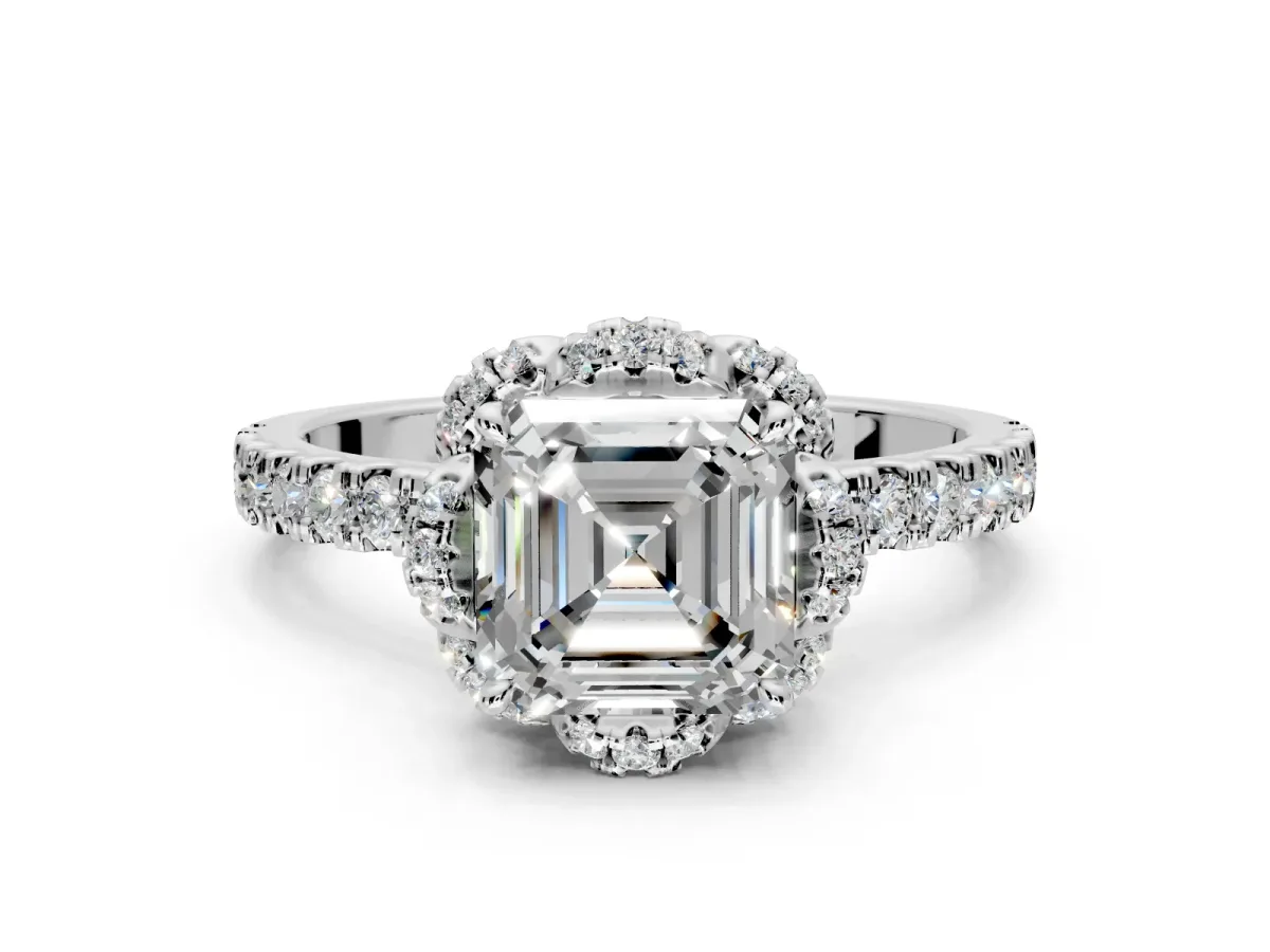 Floral Halo Engagement Ring Setting for Asscher Cut Center with Pave Band and Prong Head in Platinum