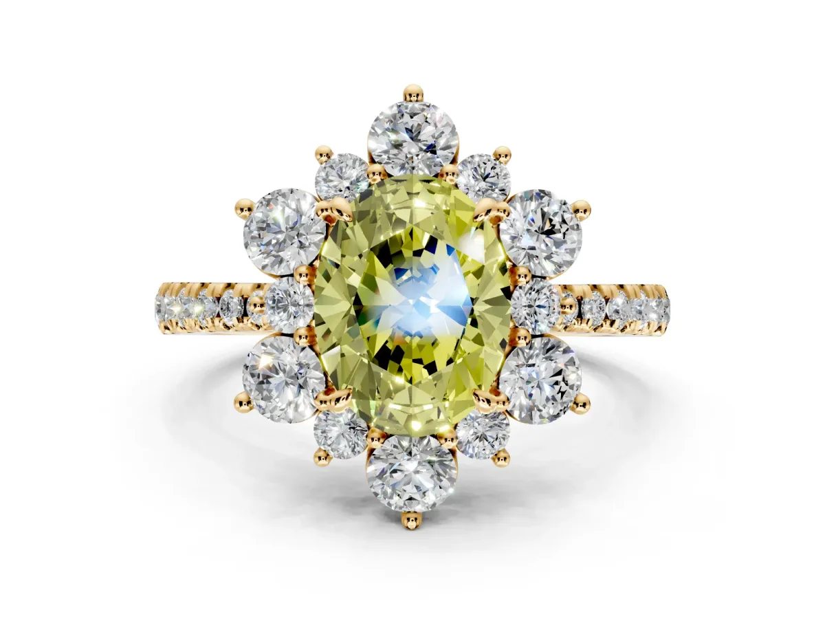 Floral Halo Engagement Ring Setting for Fancy Yellow Oval Center with Pave Accents and Prong Head in Yellow Gold